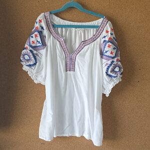 Luna Moon White Boho Embroidered Peasant Blouse Top M